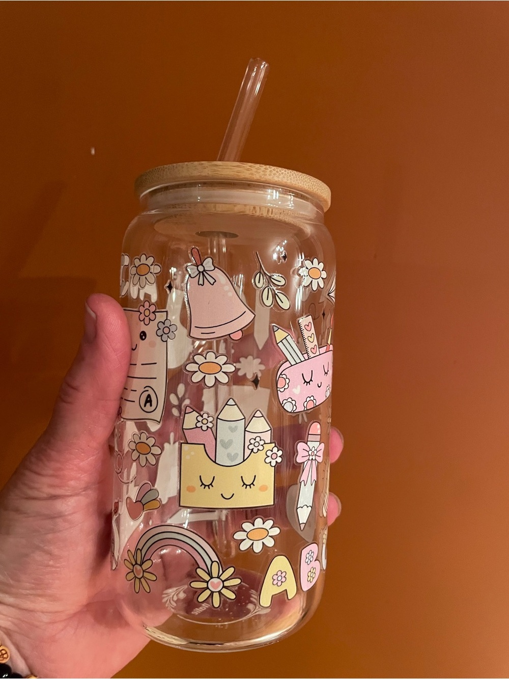 Cute Pink Floral Cartoon Glass Mason Jar with Bamboo Lid & Straw